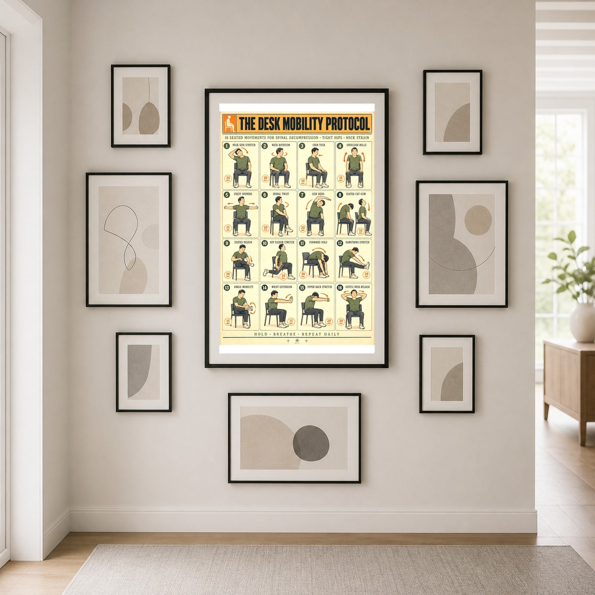 Desk Mobility Protocol Poster, Seated Stretching Routine Chart