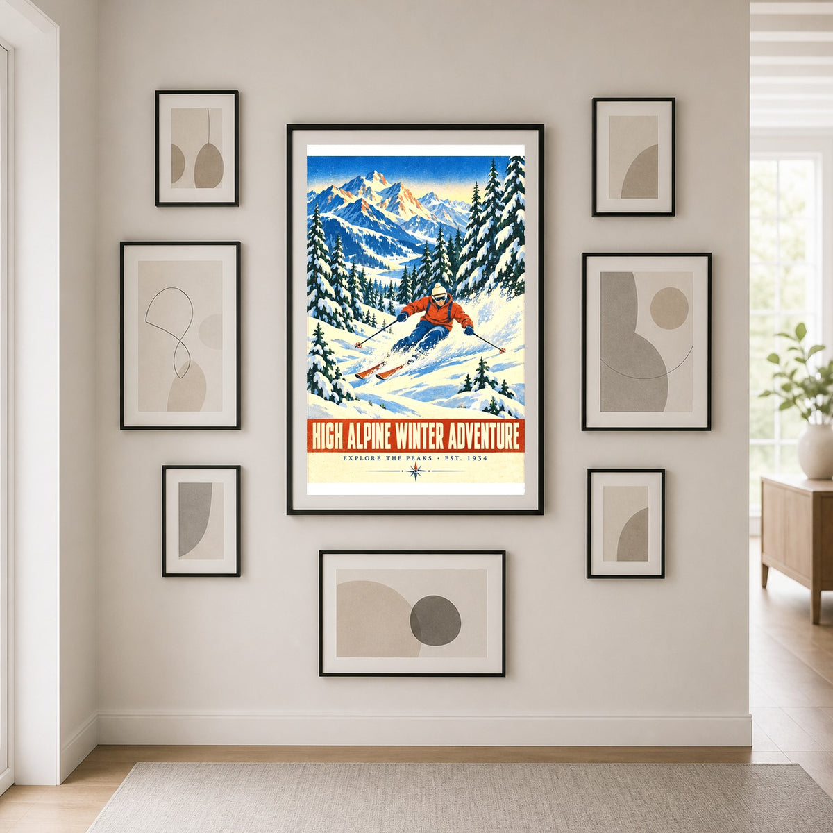 High Alpine Winter Adventure Poster, Vintage Downhill Skier Art