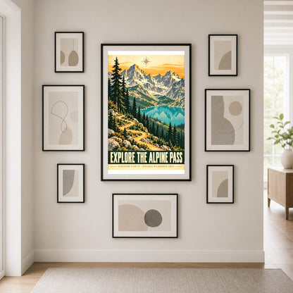 Alpine Pass Vintage Travel Poster, Mountain Landscape Art