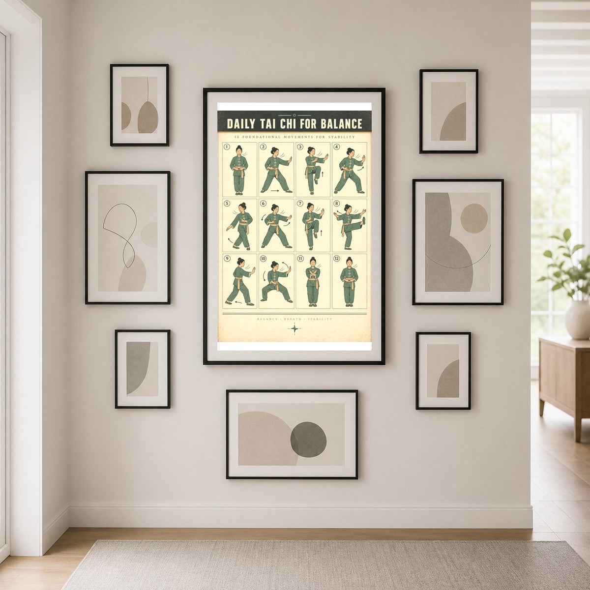 Daily Tai Chi for Balance Art Poster, Senior Exercise Chart