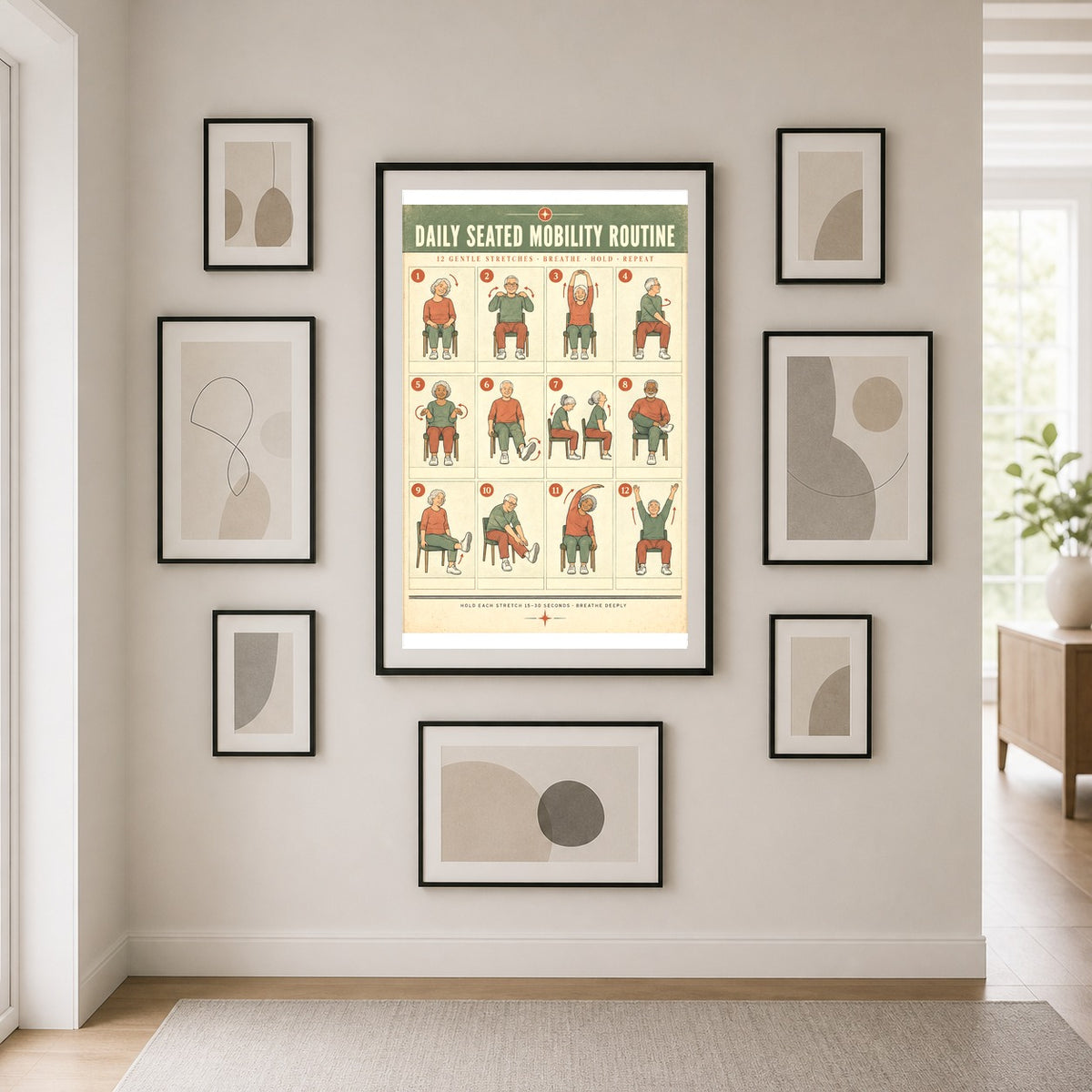 Daily Seated Mobility Routine Poster, Chair Exercise Art for Seniors