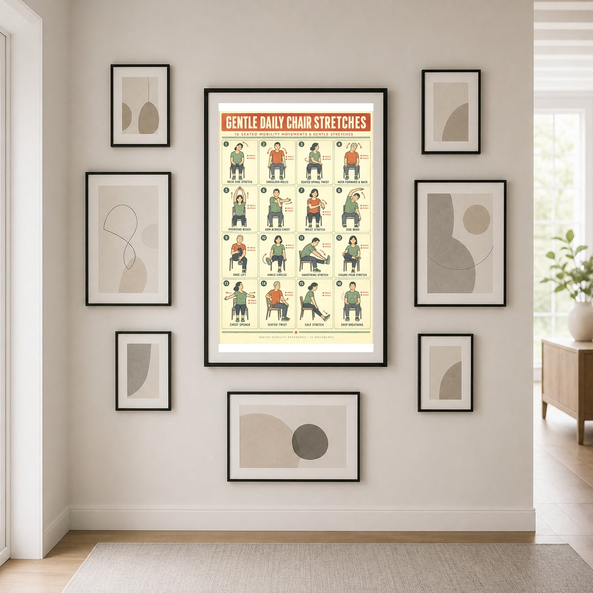 Gentle Daily Chair Stretches Poster, Seated Mobility Exercise Chart