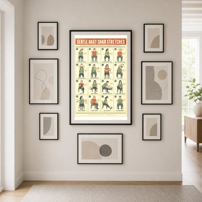 Gentle Daily Chair Stretches Poster, Seated Mobility Exercise Chart