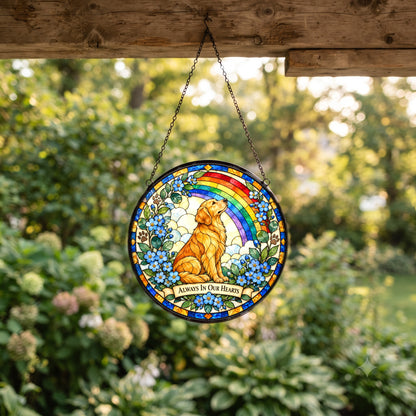 Rainbow Bridge Golden Dog Suncatcher, Pet Memorial Glass Ornament