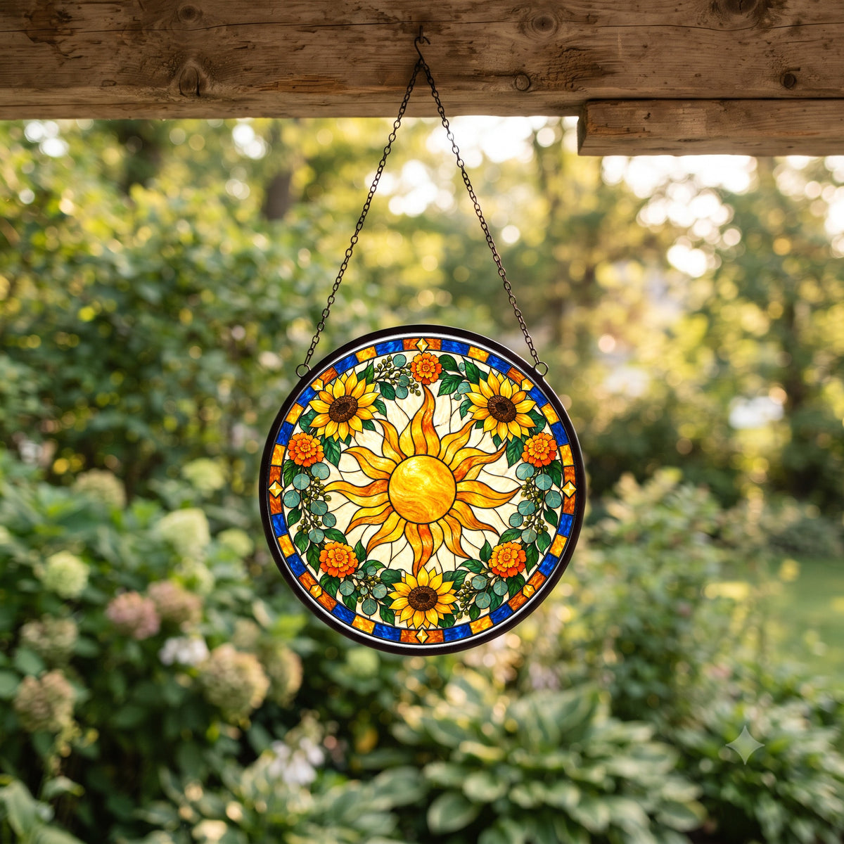 Bohemian Radiant Sunburst Stained Glass Suncatcher Ornament Window Art