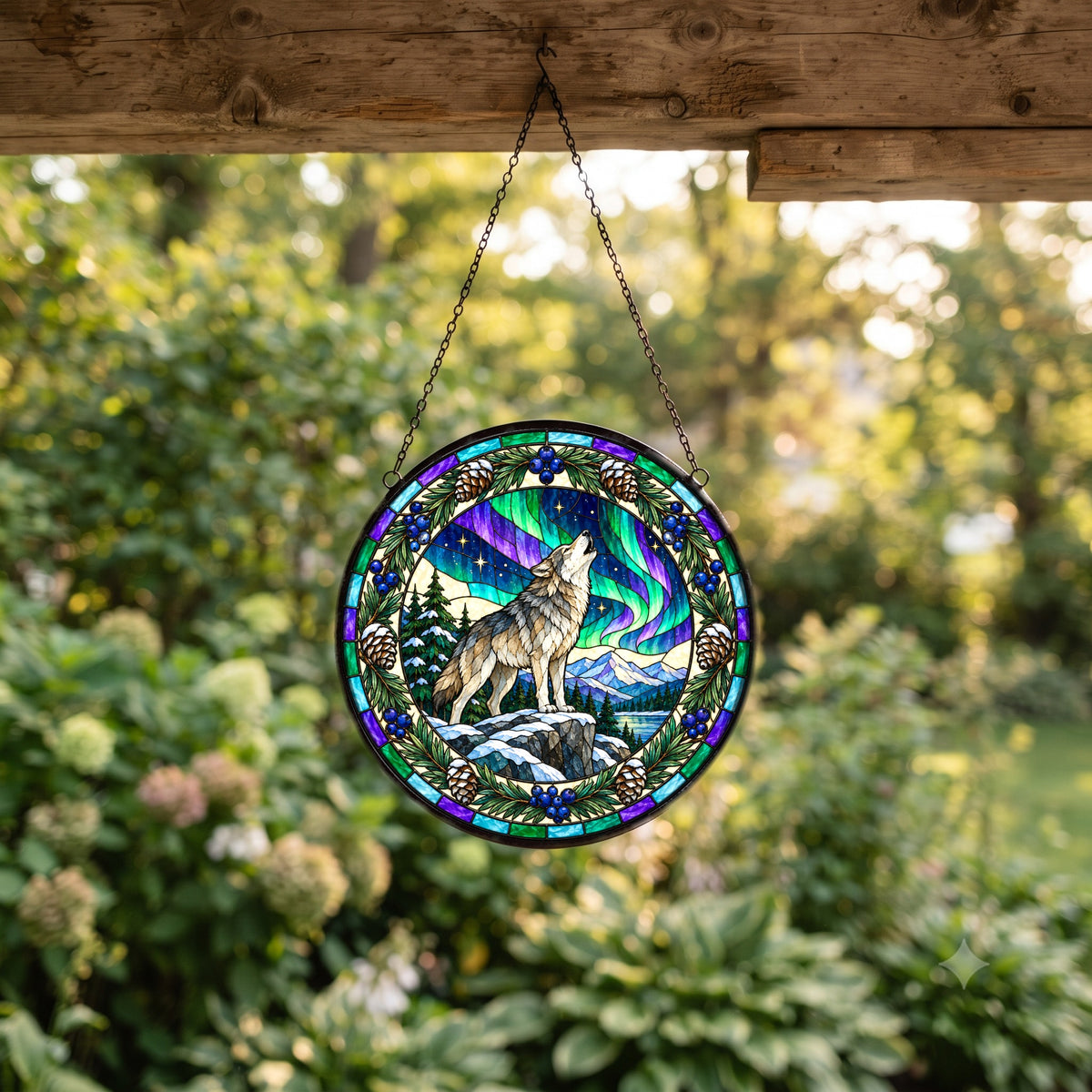Aurora Wolf Wilderness Glow Suncatcher Hanging Glass Ornament