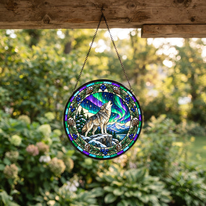 Aurora Wolf Wilderness Glow Suncatcher Hanging Glass Ornament