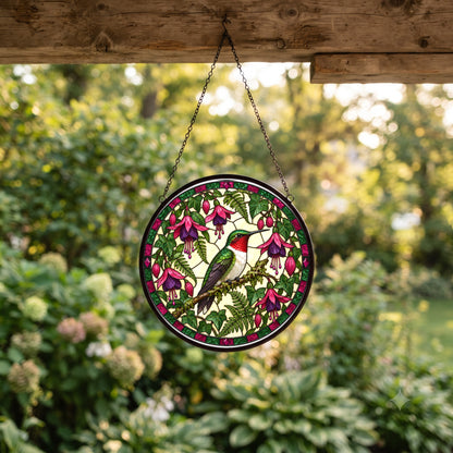 Perched Ruby Hummingbird Glass Suncatcher Hanging Window Ornament