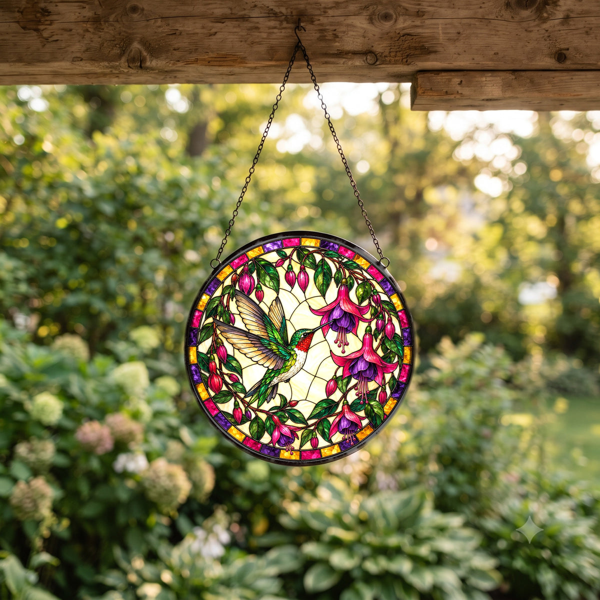 Fuchsia Hummingbird Glass Suncatcher Window Ornament