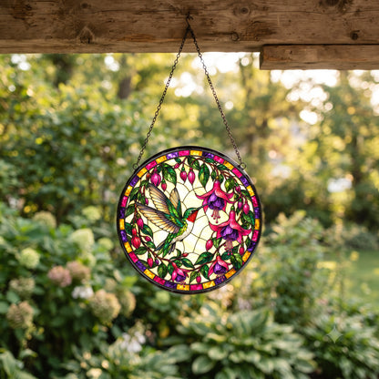 Fuchsia Hummingbird Glass Suncatcher Window Ornament