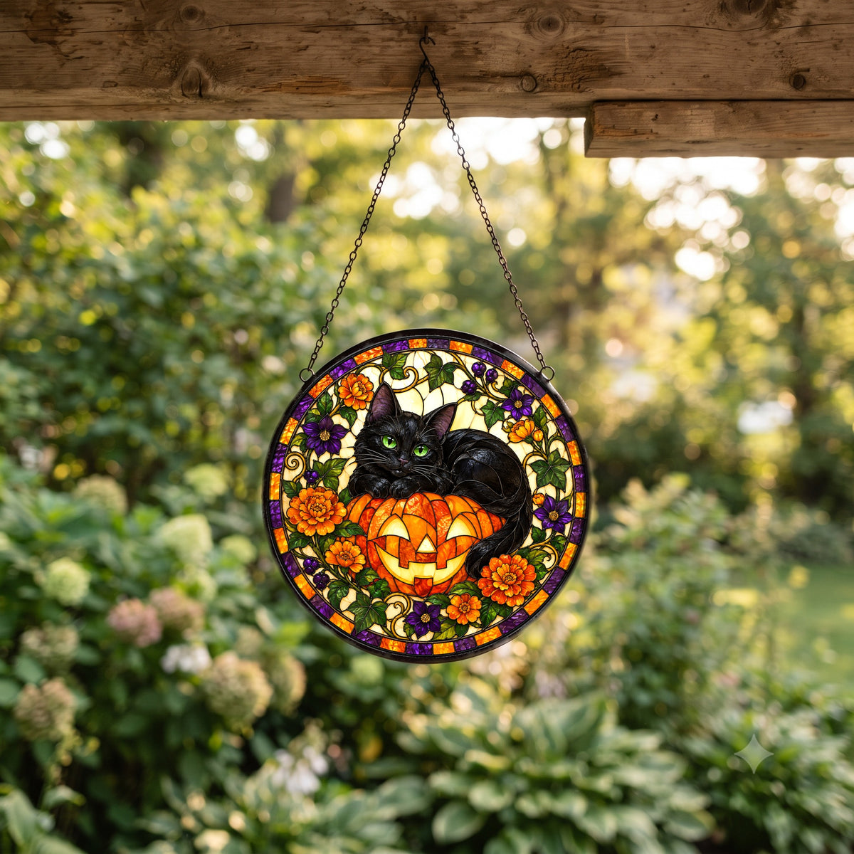 Black Cat and Pumpkin Stained Glass Style Suncatcher Hanging Ornament