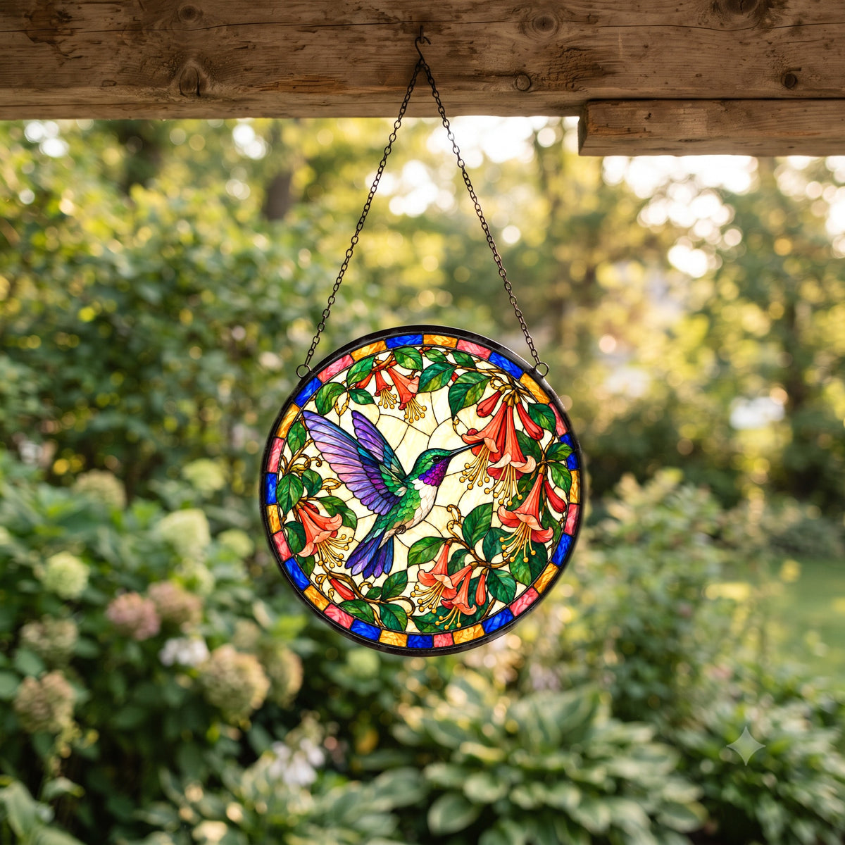 Hummingbird and Honeysuckle Glass Suncatcher Window Ornament