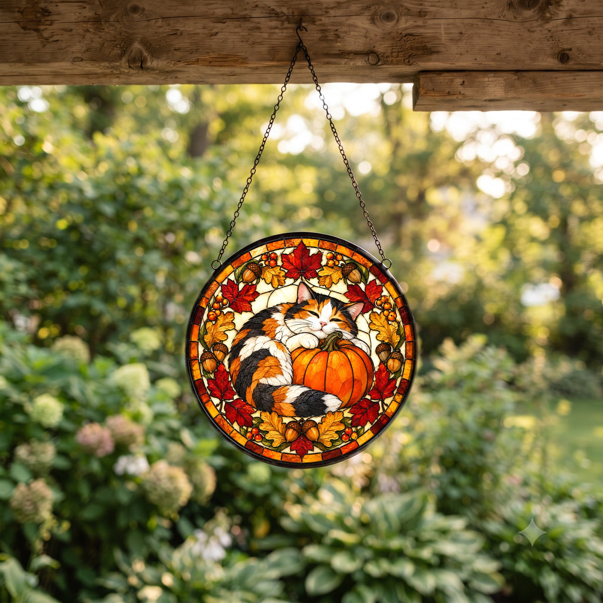 Calico Cat Autumn Pumpkin Suncatcher Ornament Stained Glass Window