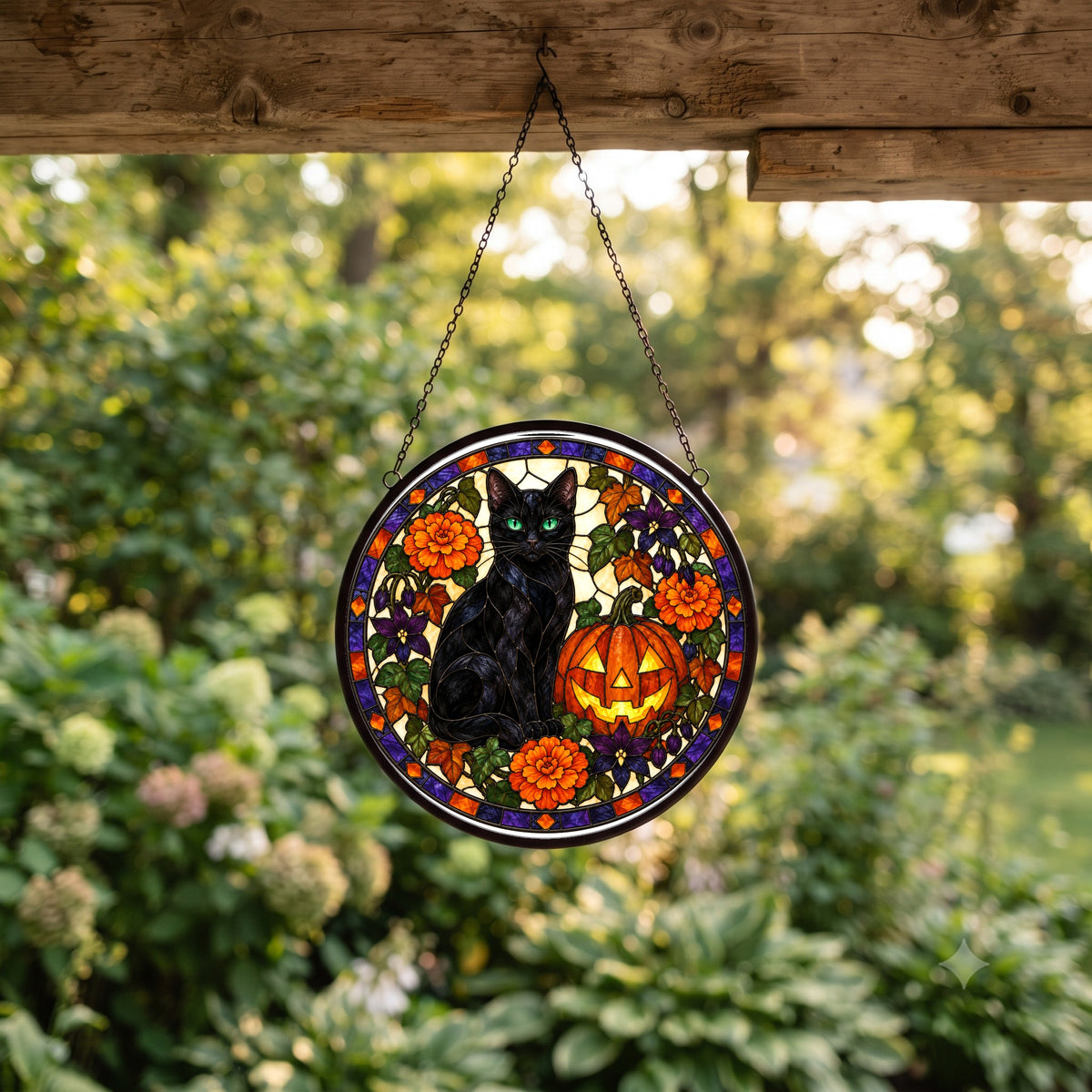 Halloween Black Cat and Pumpkin Stained Glass Suncatcher Window