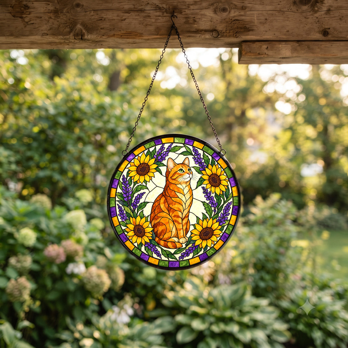 Sunlit Garden Tabby Suncatcher, Glass Cat Window Hanging Ornament