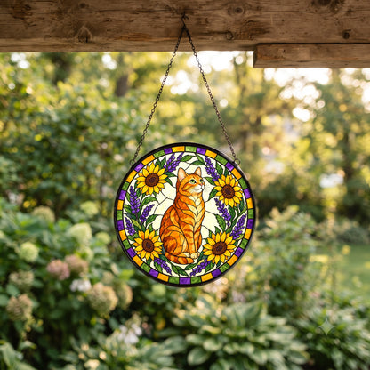 Sunlit Garden Tabby Suncatcher, Glass Cat Window Hanging Ornament