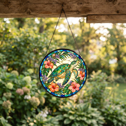 Sea Turtle Coastal Stained Glass Suncatcher Window Hanging Ornament