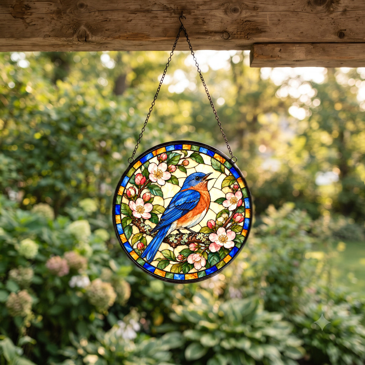 Songbird in the Orchard Glass Suncatcher Window Hanging Ornament
