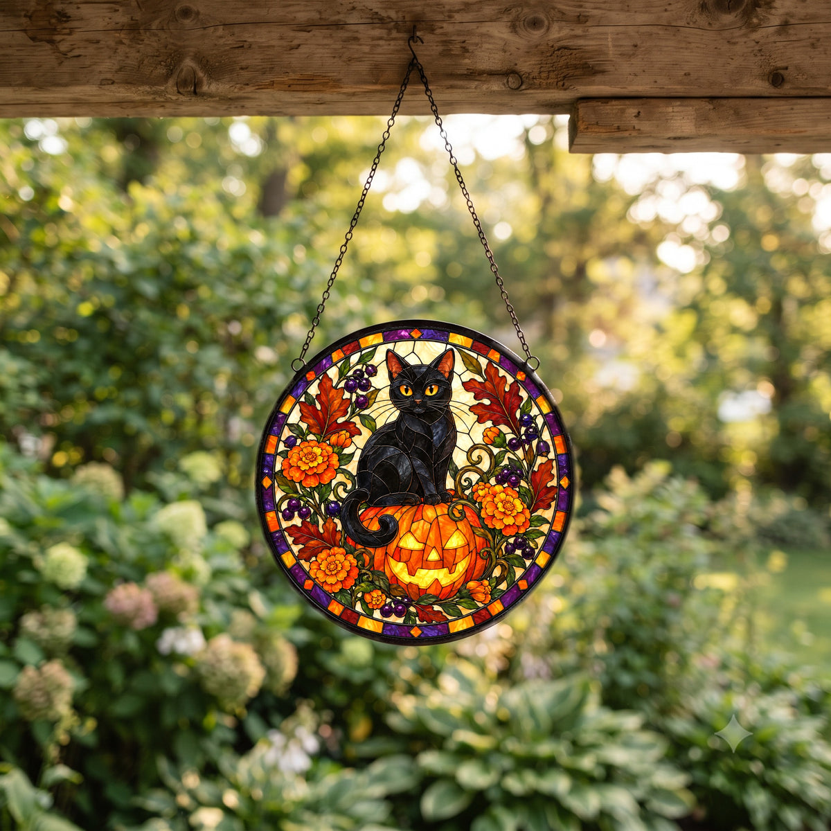 Midnight Pumpkin Familiar Cat Glass Suncatcher, Window Ornament