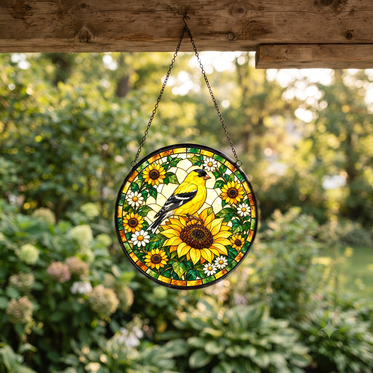 Sunflower Goldfinch Stained Glass Suncatcher Window Hanging Ornament