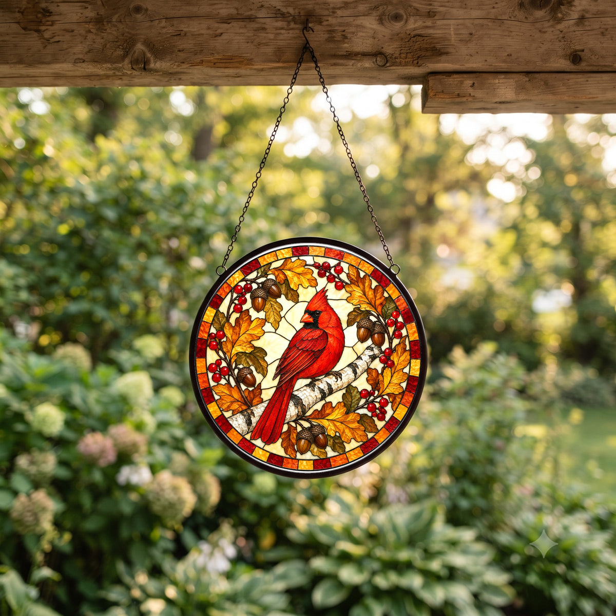 Autumn Birch Cardinal Glow Suncatcher, Memorial Bird Hanging Ornament