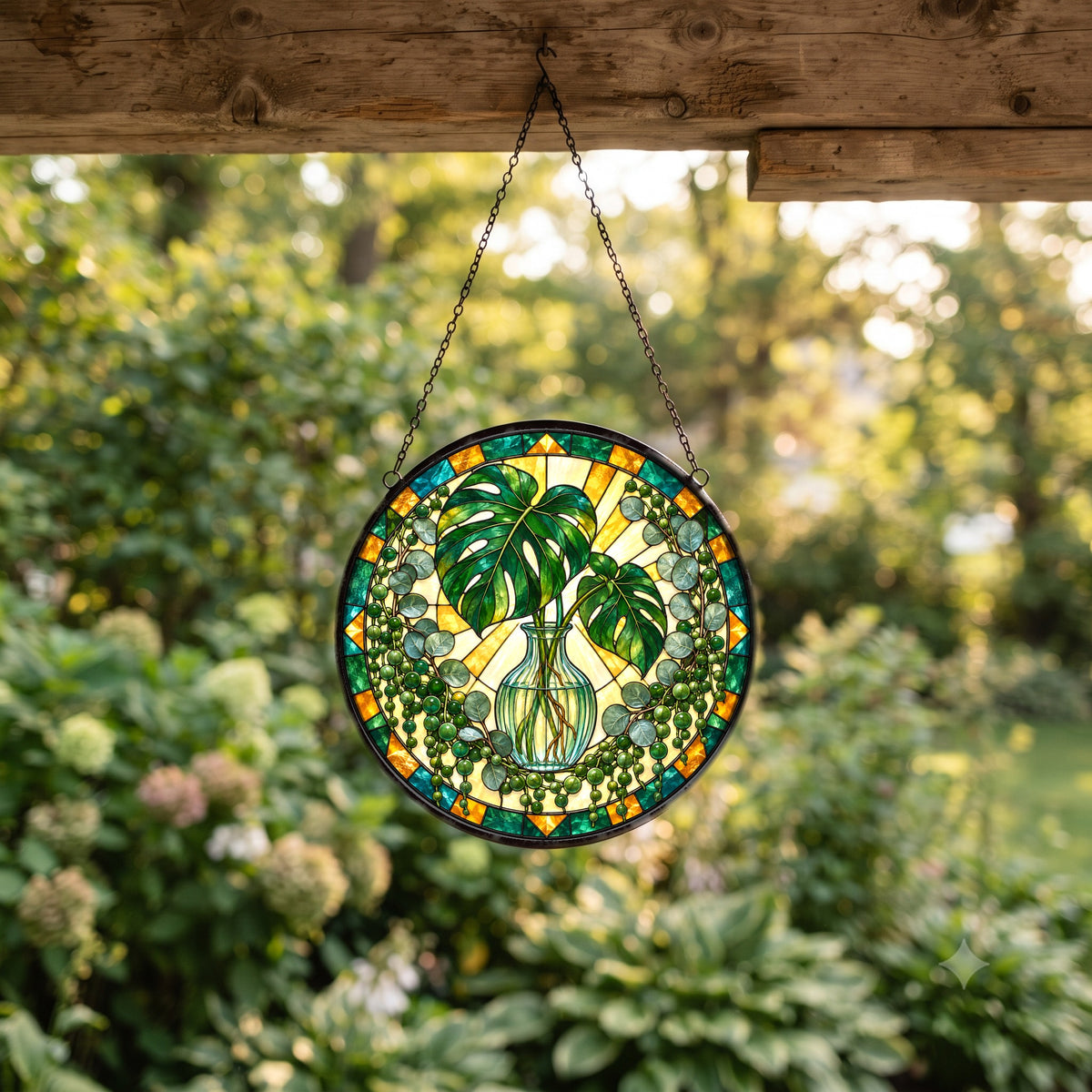 Mid-Century Botanical Sunburst Glass Suncatcher Window Ornament