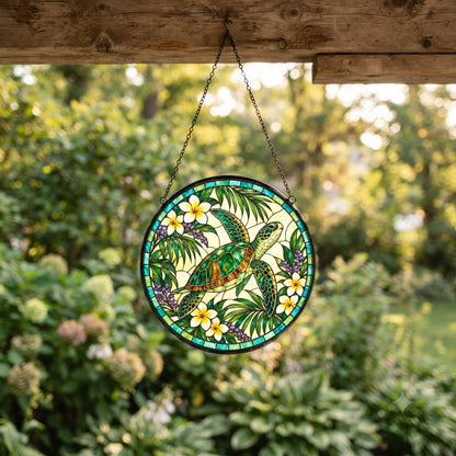 Serene Sea Turtle Stained Glass Style Suncatcher Window Ornament