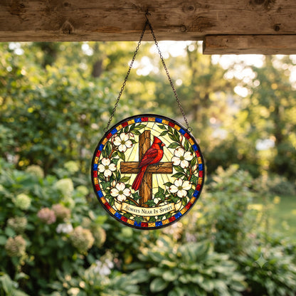 Cardinal Memorial Glass Suncatcher Window Ornament with Cross
