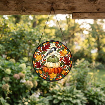 Autumn Songbird and Pumpkins Suncatcher Fall Window Hanging Ornament