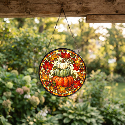 Stacked Heirloom Harvest Pumpkins Suncatcher, Autumn Glass Ornament