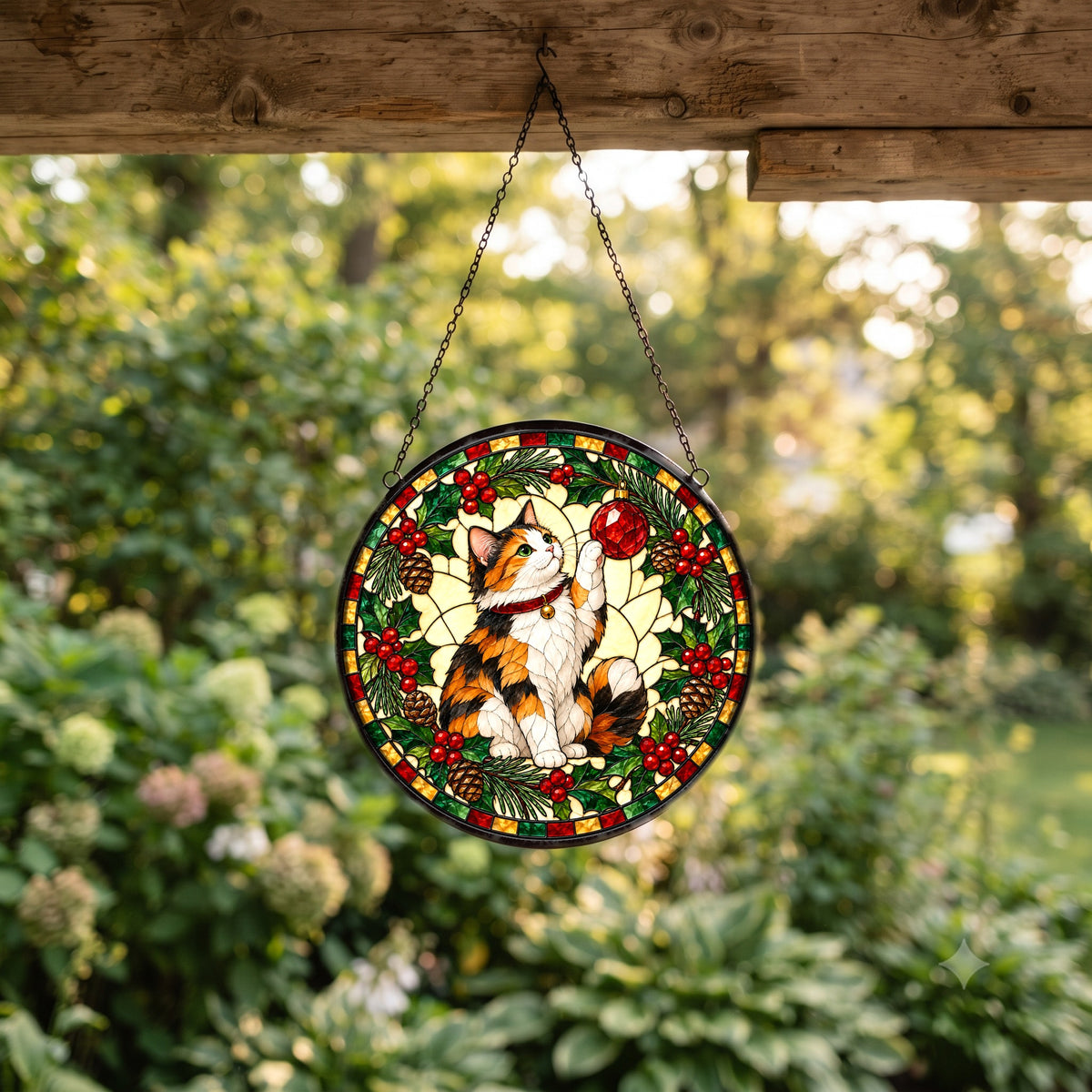 Festive Calico Cat Holiday Suncatcher Glass Ornament
