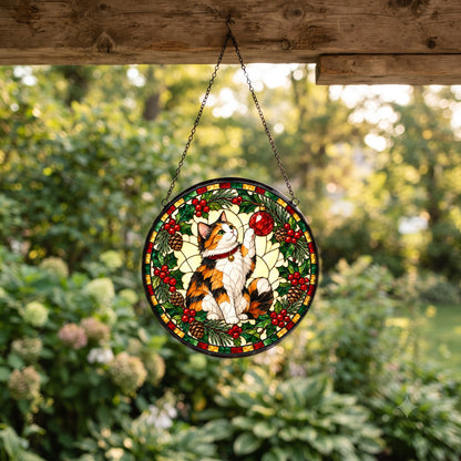 Festive Calico Cat Holiday Suncatcher Glass Ornament