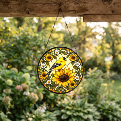 Goldfinch and Sunflower Glass Suncatcher Window Ornament