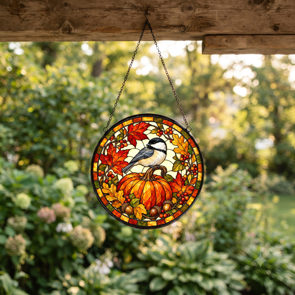 Autumn Chickadee Pumpkin Suncatcher, Fall Bird Glass Window Ornament