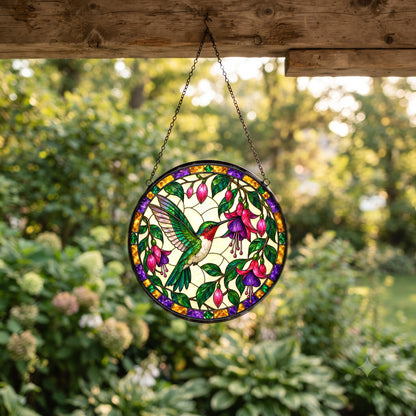 Jeweled Hummingbird and Fuchsia Suncatcher Glass Window Ornament