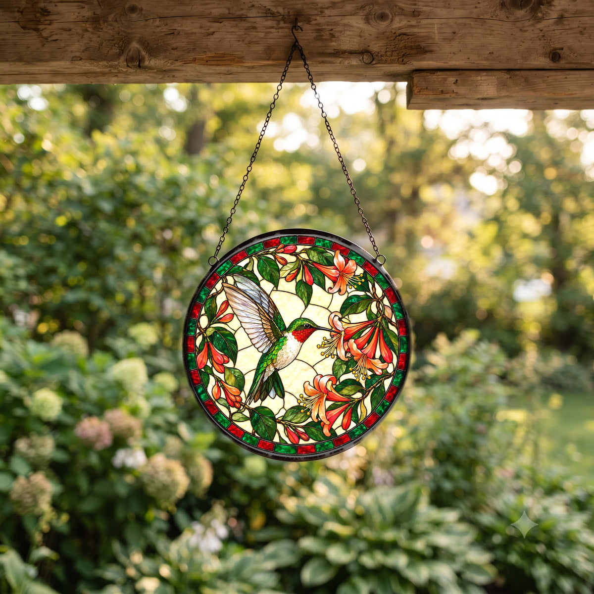 Ruby Hummingbird and Honeysuckle Suncatcher Window Ornament