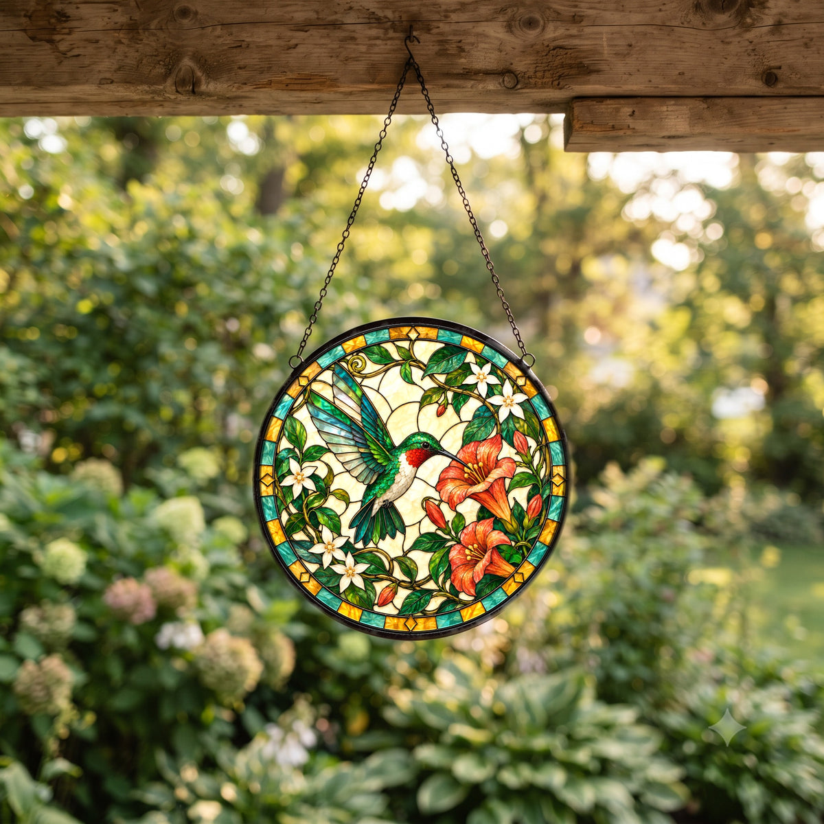 Sunlit Honeysuckle Hummingbird Suncatcher Window Hanging Ornament