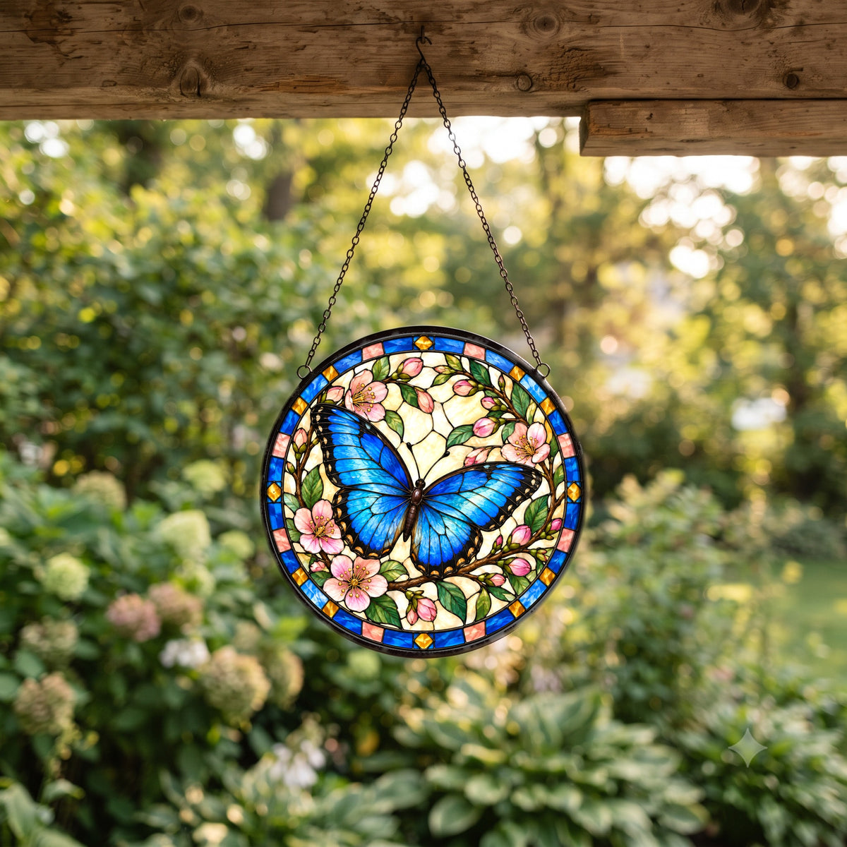 Azure Butterfly Glass Window Suncatcher and Floral Hanging Ornament