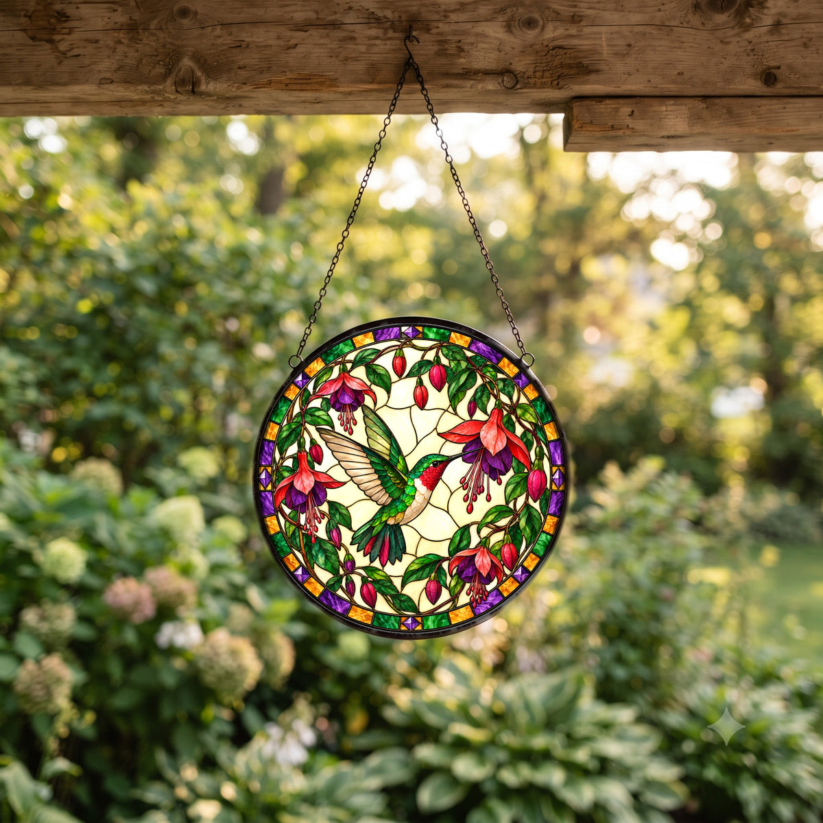 Ruby Nectar Fuchsia Hummingbird Stained Glass Suncatcher Window