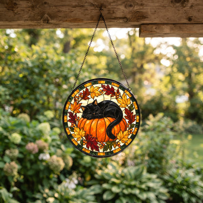 Autumn Slumber Black Cat Suncatcher, Fall Pumpkin Window Ornament