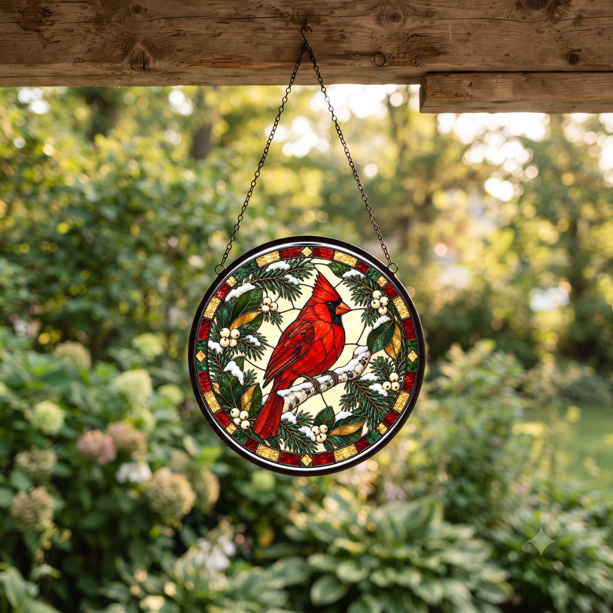 Frosted Birch Winter Cardinal Glass Suncatcher Window Hanging Ornament