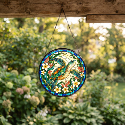 Sunlit Glide Sea Turtle Stained Glass Style Suncatcher Ornament