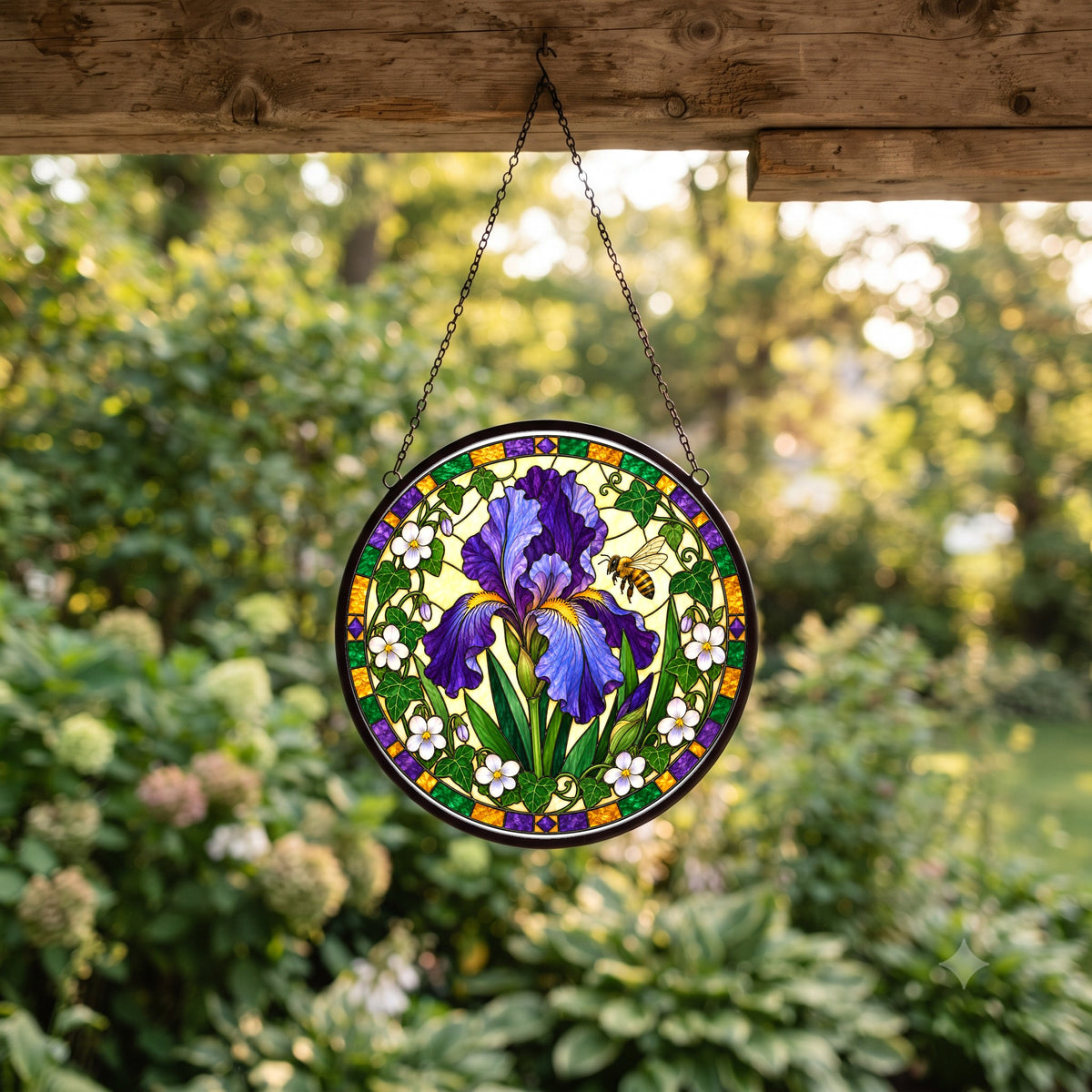 Velvet Iris and Honeybee Stained Glass Suncatcher Window Ornament