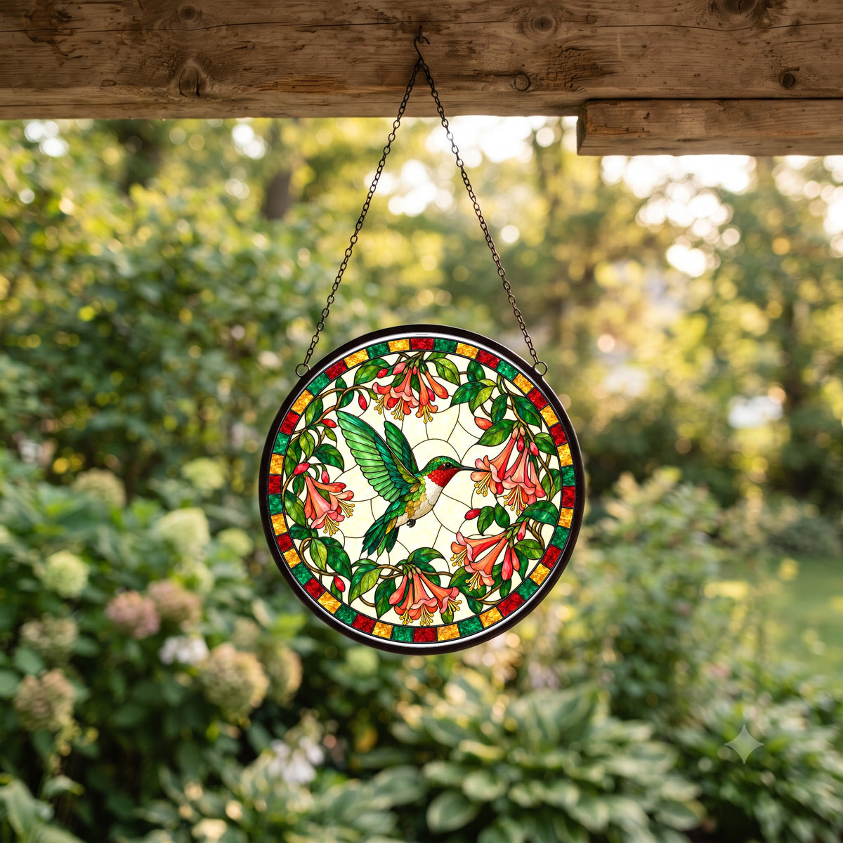 Honeysuckle Flight Hummingbird Suncatcher, Glass Window Ornament Decor
