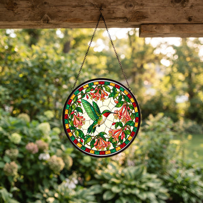 Honeysuckle Flight Hummingbird Suncatcher, Glass Window Ornament Decor