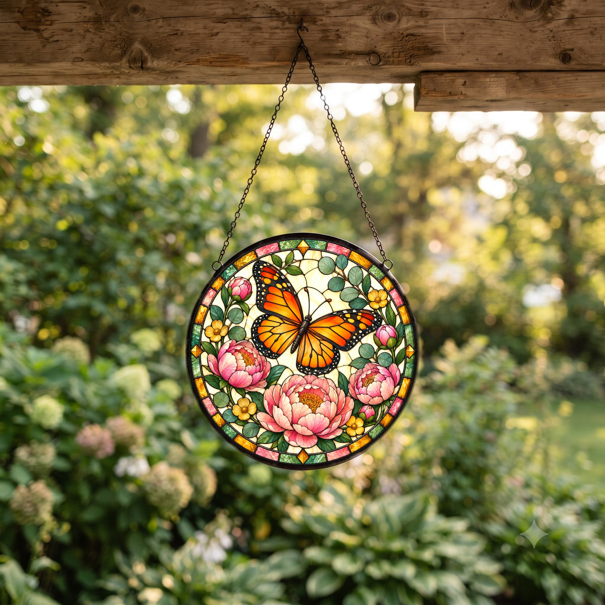 Monarch and Peony Suncatcher, Floral Butterfly Glass Hanging Ornament