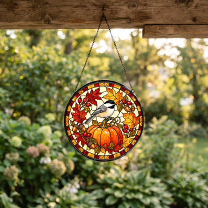 Harvest Chickadee Pumpkin Stained Glass Style Suncatcher Hanging