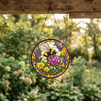 Lavender Meadow Bumblebee Stained Glass Style Suncatcher Hanging