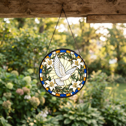 Grace and Peace Descending Dove Glass Suncatcher Hanging Ornament