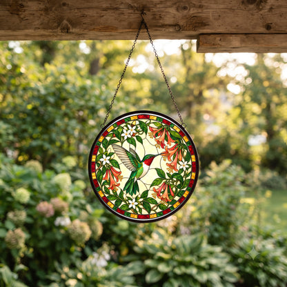 Ruby Nectar Symphony Suncatcher, Hummingbird Glass Window Ornament